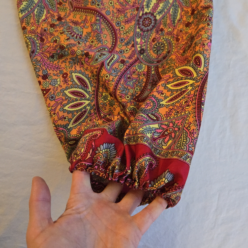 Orange Paisley Silk Wide Leg Boho Pants Elastic Waist Tassle Ties CW3 - Picture 7 of 11